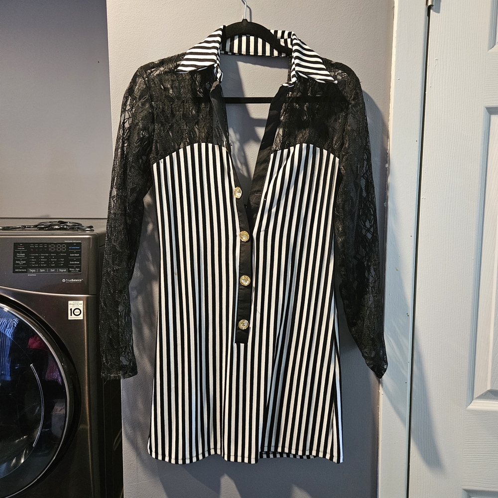 Black and White Striped Lace Mini Dress